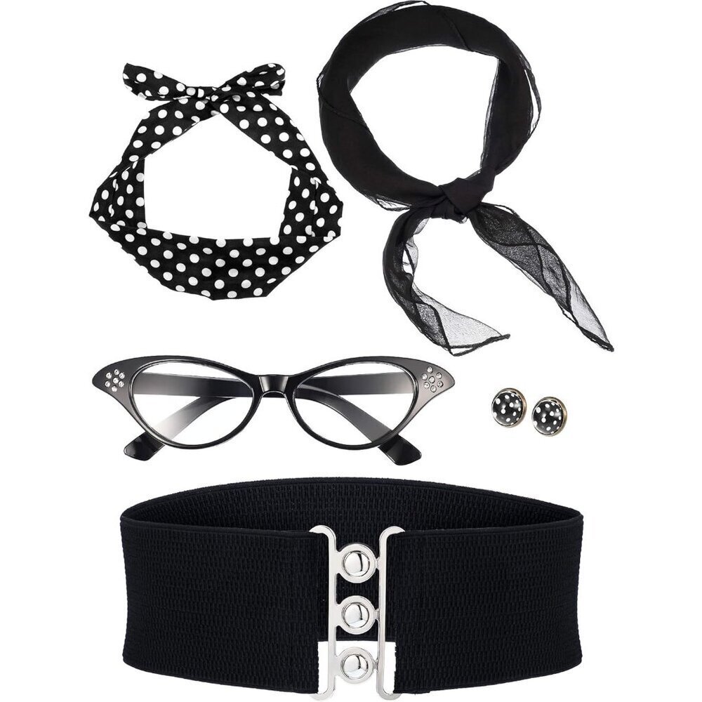 1950s Costume Accessories Set Women Polka Dot Scarf Earring Glasses Waistband